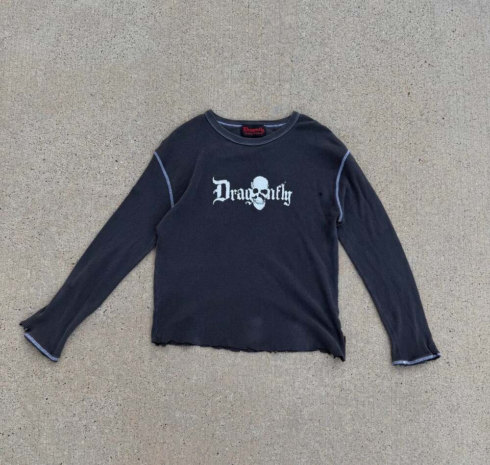 Vintage Dragonfly Company Skull Graphic Waffle Thermal Long Sleeve Shirt